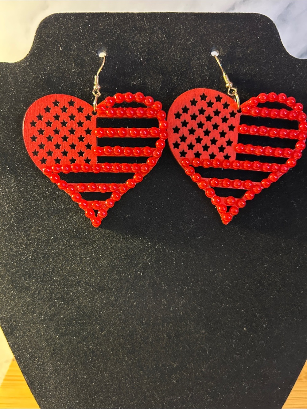 Source Unknown Red Heart Flag Dangle Earrings